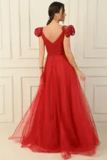 Ön Arka V Yaka İp Askılı Düşük Kollu Önü Taş Detaylı Astarlı Uzun Tül Elbise