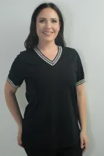 Kadın Yaka Ve Kol Şeritli Büyük Beden Rahat Kalıp Bluz