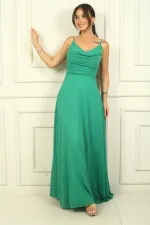 Kadın İp Askılı Drapeli Astarlı Şifon Uzun Elbise