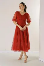 Front and Back V-Neck Short Balloon Sleeved Lined Spider Pattern Glitter Dahlia Fabric Dress