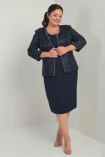 Kadın Kolsuz Astarlı Elbise Pul İşlemeli Ceket Taş Detaylı Büyük Beden 2'li Takım