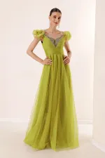Front Back V Neck Rope Straps Low Sleeves Front Stone Detailed Lined Long Tulle Dress