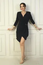 Kadın Kruvaze Yaka Astarlı Boncuklu Likralı Kısa Elbise