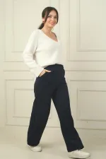 Pantalon palazzo plissé en lycra pour femme avec poches à scratch