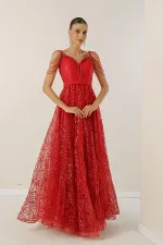 Boncuk Detaylı Astarlı Sim Flok Baskılı Uzun Elbise