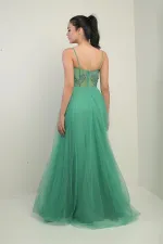 Kadın İp Askılı astarlı Göğüs Pliseli Boncuk İşlemeli Uzun Prenses Elbise