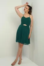 Kadın İp Askılı Arkası Bağlamalı Önü Pencereli Astarlı Şifon Kısa Kloş Elbise