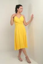 Women's Strappy Wrap Neckline Lined Lace-Up Back Flared Chiffon Dress