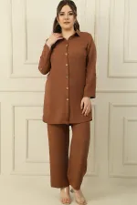 Chemise à une poche et manches retroussables, pantalon palazzo à taille élastique, effet lin, ensemble deux pièces grandes tailles