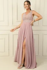 Ön Arka V Yaka Üst Boncuklu Çiçek Motifli Astarlı Uzun Şifon Abiye Elbise