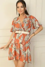 Wrap Neckline Assorted Leopard Print Layered Skirt Belted Satin Dress