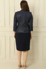 Yaka Taşlı Astarlı Krep Elbise Pulpayet Ceket Büyük Beden İkili Takım