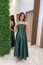 Women's Thin Strap Lined Pocketed Midi Satin Dress