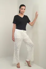 Women's Elastic Waist, Half-Lined, Wide-Leg, Embroidered Trousers