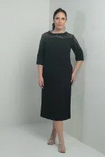 Robe midi en crêpe grande taille pour femme, ornée de sequins au col et aux épaules, manches courtes et doublure.