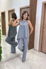 Kadın  Toka Detaylı Eteği Asimetrik Bluz Beli Lastikli Cepli Palazzo Pantolon Keten 2'li Takım