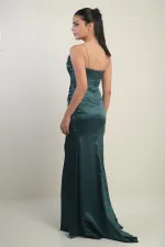 Women's Shiny Rope Strap Deep Slit Front Pleated Long Satin Evening Dress