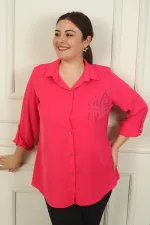 Kadın Kol Katlamalı Taş Detaylı Krep Saten Büyük Beden Gömlek