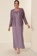 Ensemble robe et veste doublée de dentelle et de perles, grande taille, deux pièces