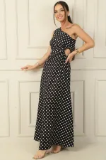 Women's One-Shoulder Polka Dot Long Crepe Satin Dress with Side Cutouts