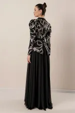 Kolları Büzgülü Güllü KEmer Detaylı Astarlı Üstü Yaldızlı Şifon Elbise