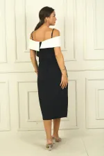 Çizgi İp Askılı Çapraz Yaka Çift Renk Double Kumaş Abiye Elbise