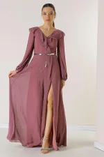 Long Chiffon Dress with Ruffled Front, Balloon Sleeves, and Belt