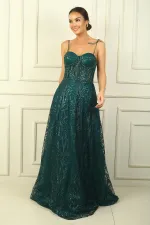 İp Askılı Boncuk Detaylı Astarlı Pul Ve Simli Balenli Uzun Elbise