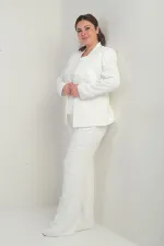 Kadın Beşgen Yaka Kolsuz Dantel Bluz Tek Düğmeli Ceket Palazzo Pantolon Astarlı Pul Detaylı Büyük Beden 3'lü Takım