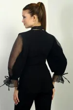 Kruvaze Yaka Kolları Yarı Organze Astarlı Simli Bluz