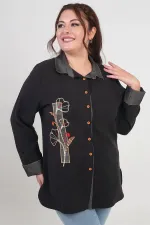 Kadın Önü Nakış İşlemeli Kot Aplikeli Büyük Beden Lyocell Gömlek