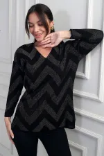 Chemisier à paillettes à col en V pour femme, à motifs zigzag, grande taille et à volants espacés