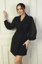 Kadın Kruvaze Yaka Önü Düğmeli Şifon Kollu Boncuklu Kısa Elbise