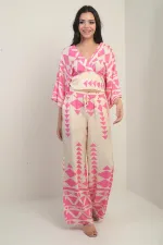 Kadın Ön Arka V Yaka Crop Bluz Beli Lastikli Cepli Palazzo Pantolon Üçgen Desen 2'li Takım