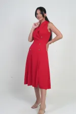 Women's Wrap Neckline Lined Double Slit Button Detail Midi Crepe Dress