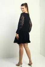 Women's Short Dress with Flocked Print on Sleeves and Hem, and Ruffled Detail.