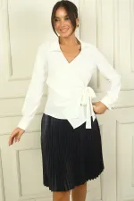 Wrap Collar, Cuff Button Detail Crepe Satin Blouse