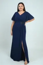 Women's Back V-Neck Lined Waist Beaded Detail Dart-Style Plus Size Crepe Chiffon Dress