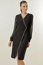 Double-Breasted Chiffon Sleeves Half-Lined Dress with Shiny Stone Detail on the Front