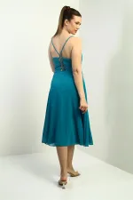 Women's Strappy Wrap Neckline Lined Lace-Up Back Flared Chiffon Dress