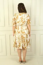 Kadın Kruvaze Yaka Volan Kollu Astarlı Beli Kuşaklı  Büyük Güllü Büyük Beden Şifon Elbise