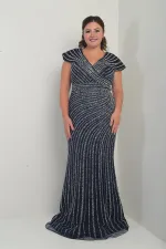 Kadın Ön Arka V Yaka Taş Baskılı Astarlı Büyük Beden Balık Elbise