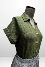 Kadın Polo Yaka Kendinden Desenli Keten Gömlek