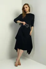 Kadın Çeyrek Kollu Beli Kemerli Asimetrik Krep Saten Midi Elbise