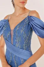 Chain Strap Front Back V Neck Low Sleeve Glittery Flock Printed Lined Long Fishtail Dress