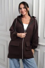 Gilet en cachemire à capuche pour femme avec poche kangourou zippée et détails en corde brillante