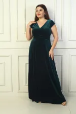 Robe longue en velours grande taille pour femme, avec décolleté en V devant et dos, fronces latérales et manches demi-lune.