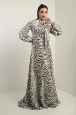 Women's Long Satin Dress with Zebra Pattern and Scarf Detail, Lined