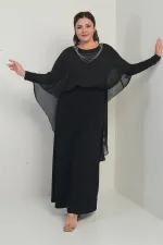 Kadın Üstü Zincirli Şifon Altı Simli Astarlı Büyük Beden Tesettür Uzun Elbise