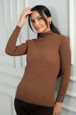 Pull à col roulé pour femme, manches côtelées, boutons décoratifs